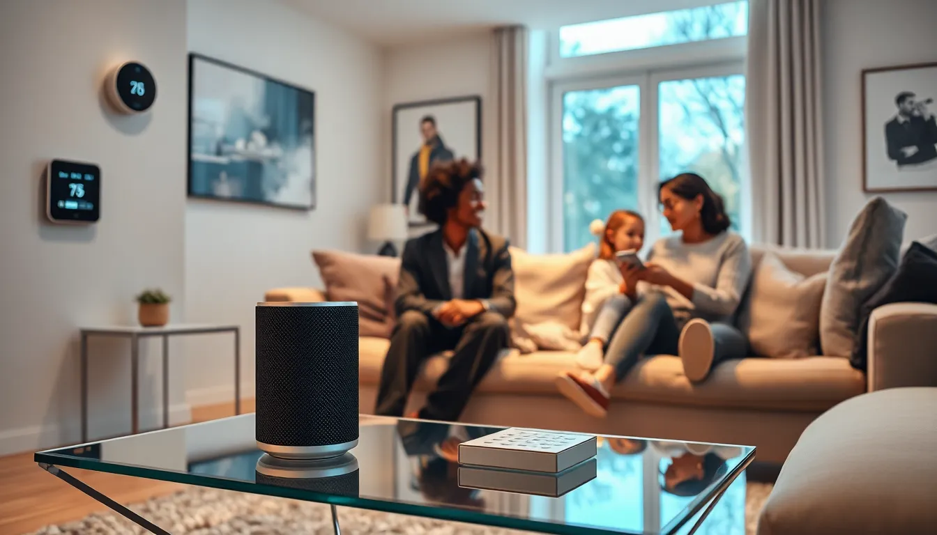 modern living room with smart home gadgets and a diverse family using them.